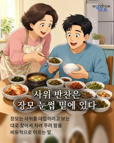 한국어 속담 “사위 반찬은 장모 눈썹 밑에 있다” 1컷 일러스트