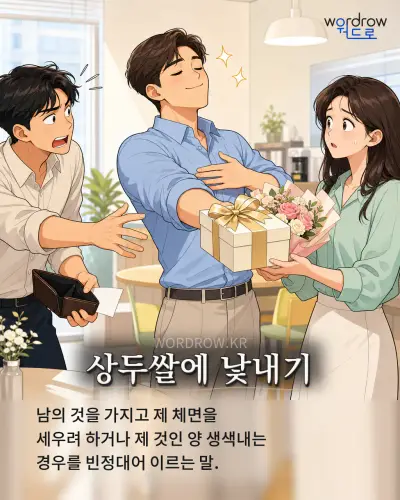 한국어 속담 “상두쌀에 낯내기” 1컷 일러스트