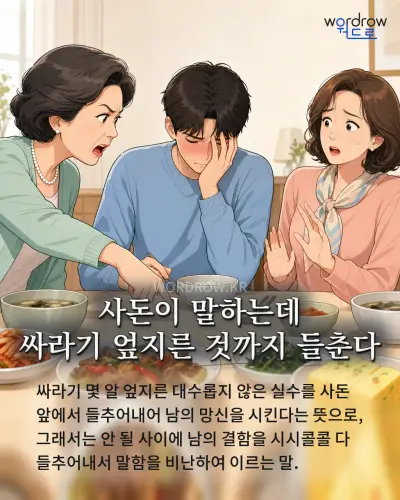 한국어 속담 “사돈이 말하는데 싸라기 엎지른 것까지 들춘다” 1컷 일러스트