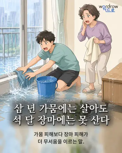 한국어 속담 “삼 년 가뭄에는 살아도 석 달 장마에는 못 산다”를 한 장면으로 담은 1컷 일러스트