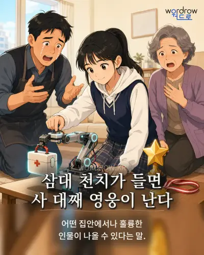 한국어 속담 “삼대 천치가 들면 사 대째 영웅이 난다”를 한 장면으로 담은 1컷 일러스트