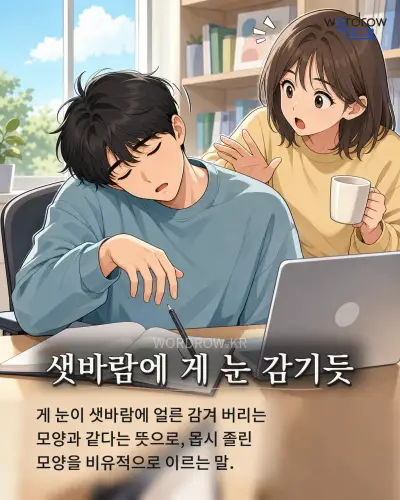 한국어 속담 “샛바람에 게 눈 감기듯” 1컷 일러스트