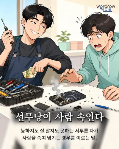한국어 속담 “선무당이 사람 속인다” 1컷 일러스트