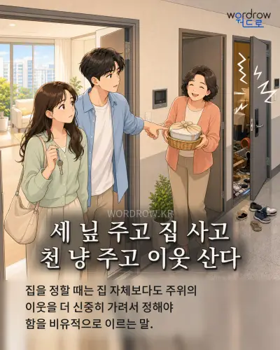 한국어 속담 “세 닢 주고 집 사고 천 냥 주고 이웃 산다” 1컷 일러스트