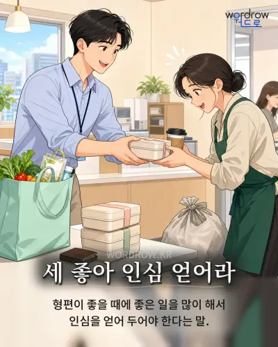 한국어 속담 “세 좋아 인심 얻어라” 1컷 일러스트
