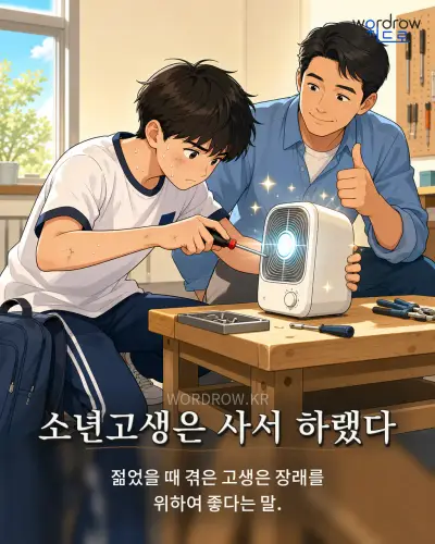 한국어 속담 “소년고생은 사서 하랬다” 1컷 일러스트