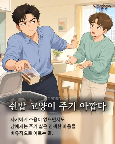 한국어 속담 “쉰밥 고양이 주기 아깝다” 1컷 일러스트