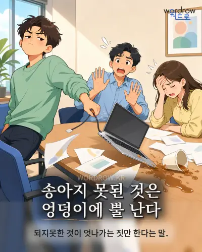 한국어 속담 “송아지 못된 것은 엉덩이에 뿔 난다”를 한 장면으로 담은 1컷 일러스트
