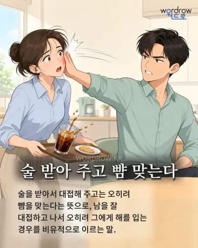 한국어 속담 “술 받아 주고 뺨 맞는다” 1컷 일러스트