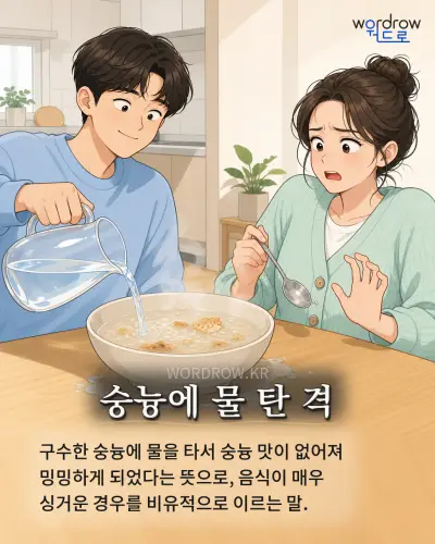 한국어 속담 “숭늉에 물 탄 격” 1컷 일러스트