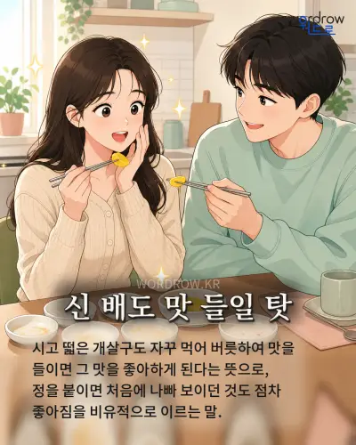 한국어 속담 “신 배도 맛 들일 탓” 1컷 일러스트