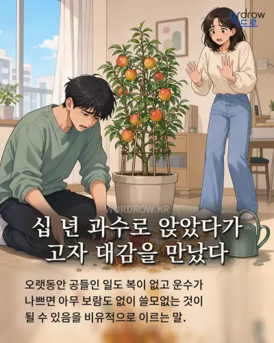 한국어 속담 “십 년 과수로 앉았다가 고자 대감을 만났다” 1컷 일러스트