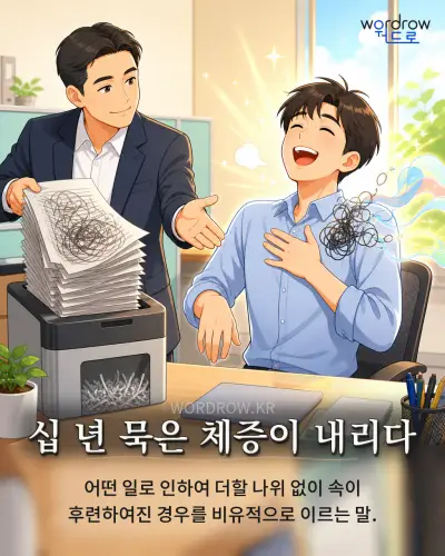 한국어 속담 “십 년 묵은 체증이 내리다” 1컷 일러스트