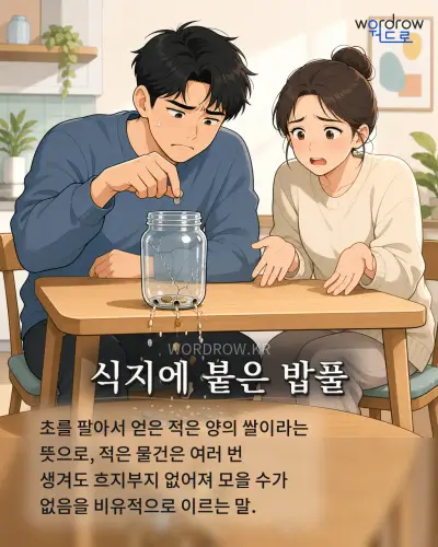 한국어 속담 “식지에 붙은 밥풀”를 한 장면으로 담은 1컷 일러스트