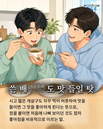 한국어 속담 “쓴 배도 맛 들일 탓” 1컷 일러스트