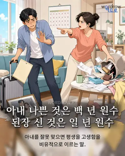 한국어 속담 “아내 나쁜 것은 백 년 원수 된장 신 것은 일 년 원수” 1컷 일러스트