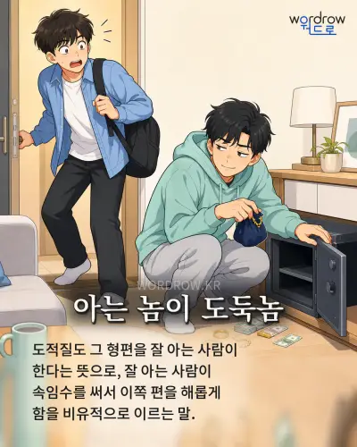 한국어 속담 “아는 놈이 도둑놈” 1컷 일러스트