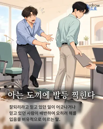 한국어 속담 “아는 도끼에 발등 찍힌다” 1컷 일러스트