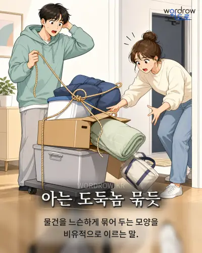 한국어 속담 “아는 도둑놈 묶듯” 1컷 일러스트