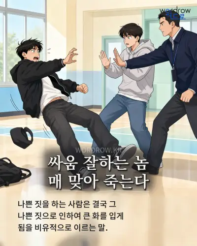 한국어 속담 “싸움 잘하는 놈 매 맞아 죽는다” 1컷 일러스트