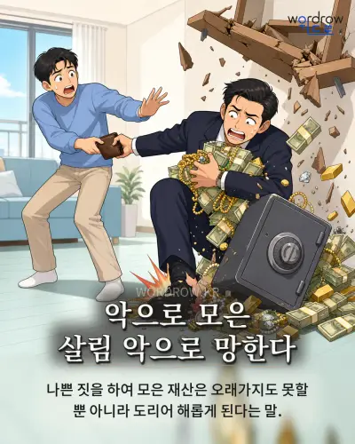한국어 속담 “악으로 모은 살림 악으로 망한다” 1컷 일러스트