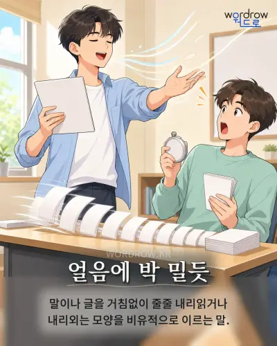 한국어 속담 “얼음에 박 밀듯” 1컷 일러스트