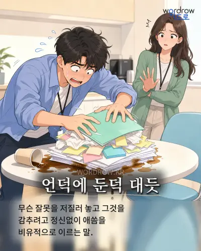 한국어 속담 “언덕에 둔덕 대듯” 1컷 일러스트