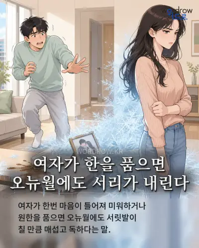 한국어 속담 “여자가 한을 품으면 오뉴월에도 서리가 내린다” 1컷 일러스트