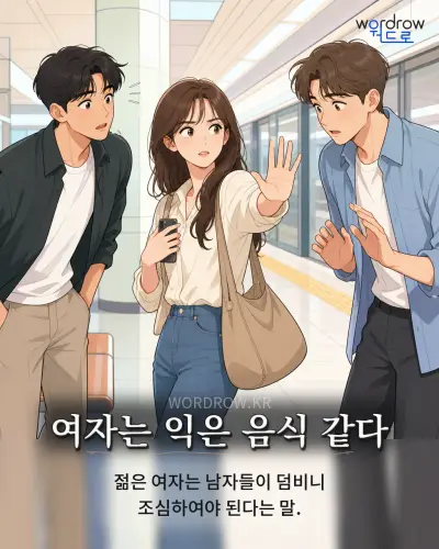 한국어 속담 “여자는 익은 음식 같다” 1컷 일러스트