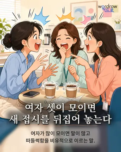 한국어 속담 “여자 셋이 모이면 새 접시를 뒤집어 놓는다” 1컷 일러스트