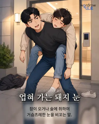 한국어 속담 “업혀 가는 돼지 눈” 1컷 일러스트