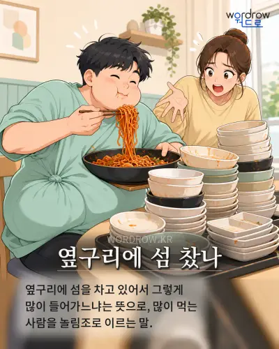 한국어 속담 “옆구리에 섬 찼나” 1컷 일러스트