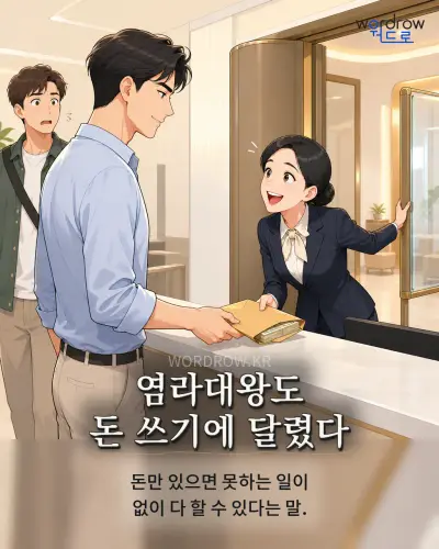 한국어 속담 “염라대왕도 돈 쓰기에 달렸다” 1컷 일러스트