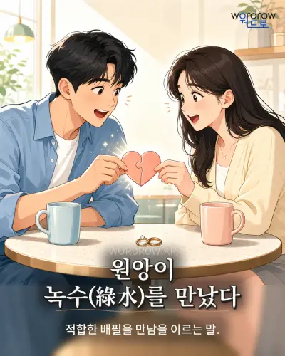 한국어 속담 “원앙이 녹수(綠水)를 만났다” 1컷 일러스트