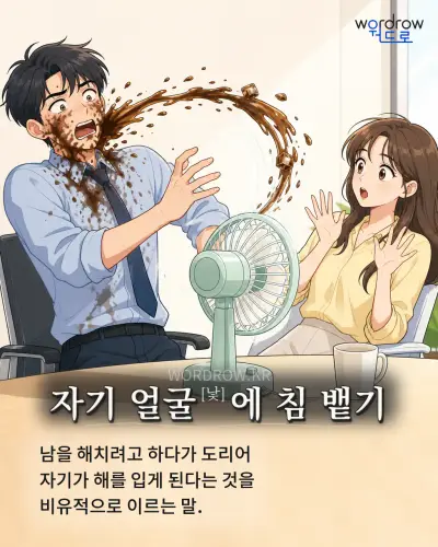 한국어 속담 “자기 얼굴[낯]에 침 뱉기” 1컷 일러스트
