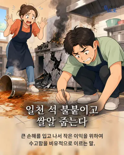 한국어 속담 “일천 석 불붙이고 쌀알 줍는다” 1컷 일러스트
