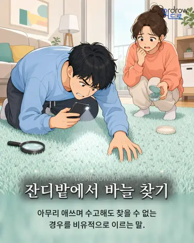한국어 속담 “잔디밭에서 바늘 찾기” 1컷 일러스트