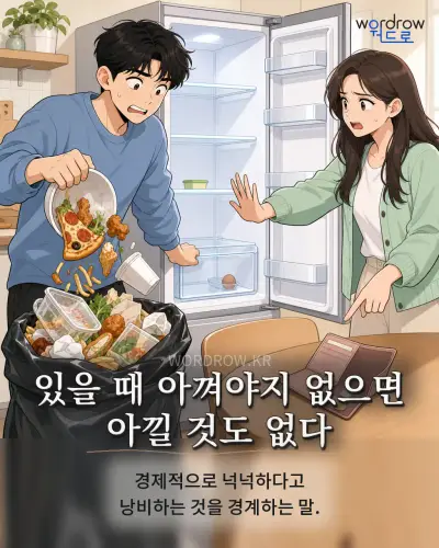 한국어 속담 “있을 때 아껴야지 없으면 아낄 것도 없다” 1컷 일러스트