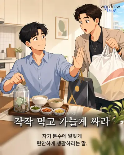 한국어 속담 “작작 먹고 가늘게 싸라” 1컷 일러스트