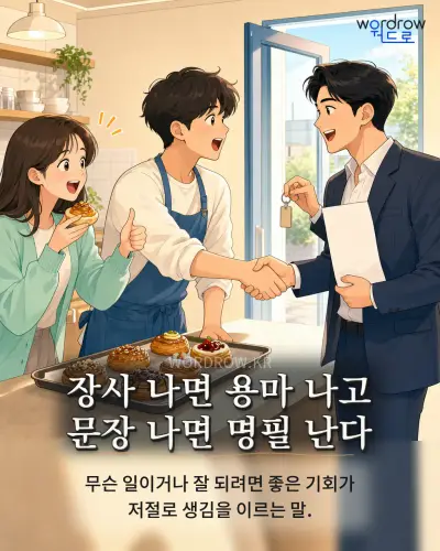 한국어 속담 “장사 나면 용마 나고 문장 나면 명필 난다”를 한 장면으로 담은 1컷 일러스트