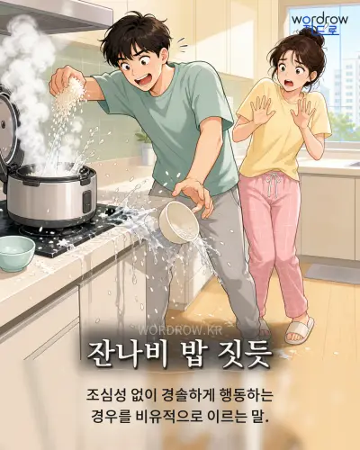 한국어 속담 “잔나비 밥 짓듯” 1컷 일러스트