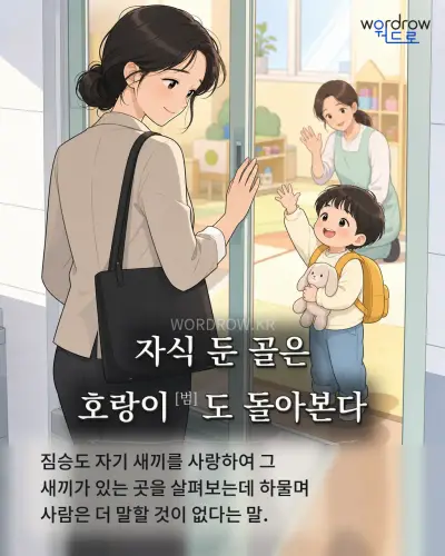 한국어 속담 “자식 둔 골은 호랑이도 돌아본다” 1컷 일러스트