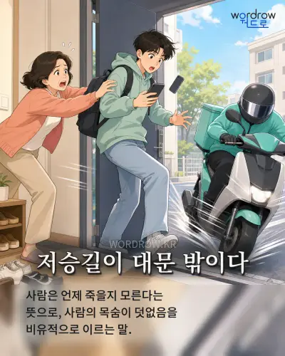 한국어 속담 “저승길이 대문 밖이다” 1컷 일러스트