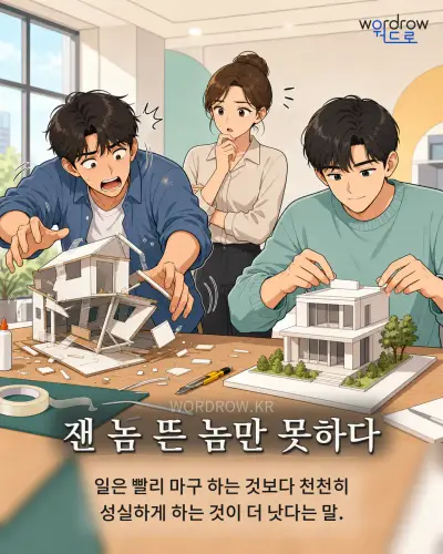 한국어 속담 “잰 놈 뜬 놈만 못하다” 1컷 일러스트