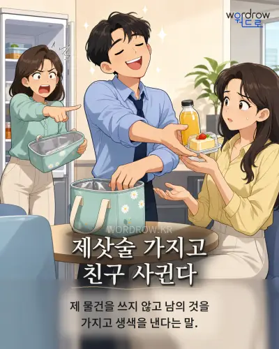 한국어 속담 “제삿술 가지고 친구 사귄다” 1컷 일러스트