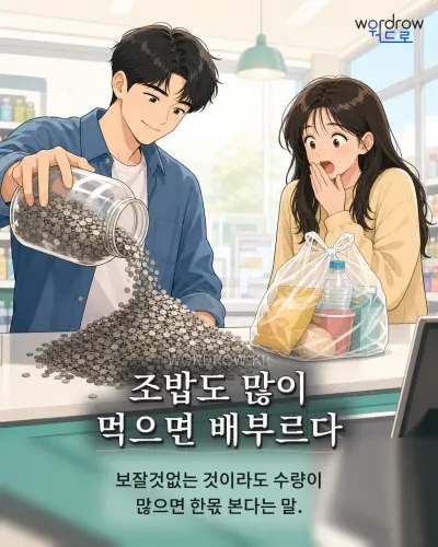 한국어 속담 “조밥도 많이 먹으면 배부르다” 1컷 일러스트