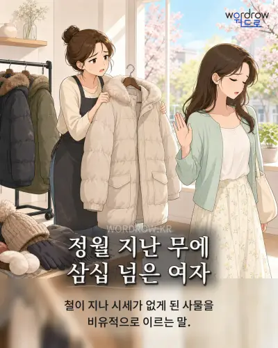 한국어 속담 “정월 지난 무에 삼십 넘은 여자” 1컷 일러스트