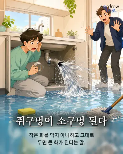 한국어 속담 “쥐구멍이 소구멍 된다” 1컷 일러스트