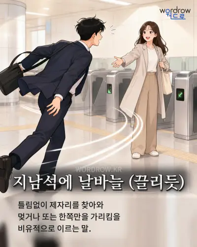 한국어 속담 “지남석에 날바늘 (끌리듯)” 1컷 일러스트