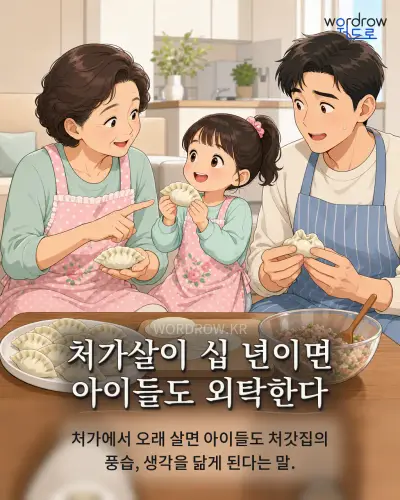한국어 속담 “처가살이 십 년이면 아이들도 외탁한다” 1컷 일러스트